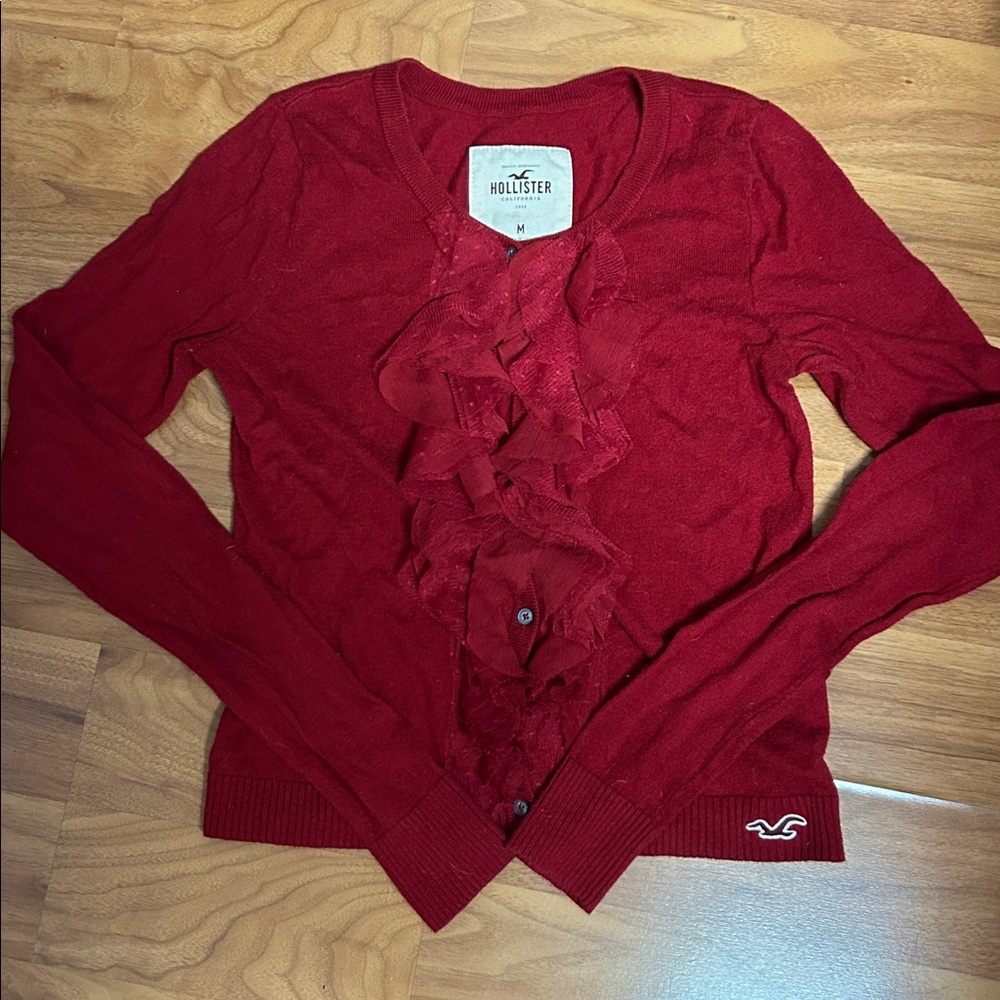 Hollister Ruffle Front Holiday Christmas Red Cardigan Sweater